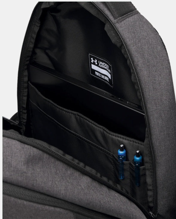 .Under Armour Hustle 6.0 Backpack - Black Heather/Metalic Silver - (1384672-006) - C13
