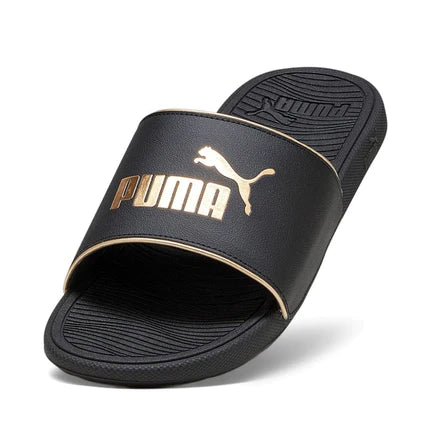 Black and gold puma slides hotsell