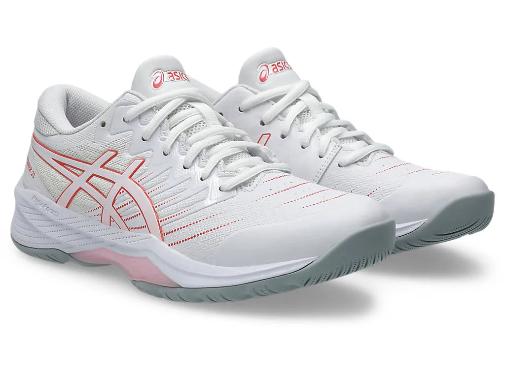 .ASICS WOMEN GEL-NETBURNER 21 (D WIDE) BIO NETBALL SHOES - WHITE/PAPAYA - (1072A113-100) - G21 - R2L12