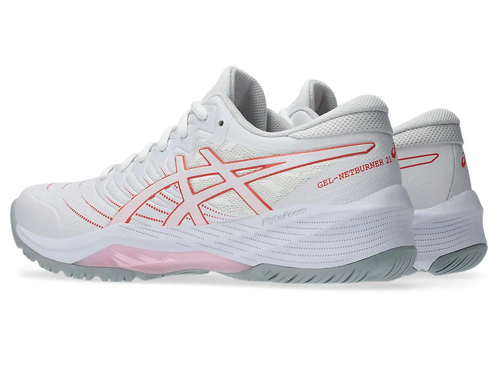 .ASICS WOMEN GEL-NETBURNER 21 (D WIDE) BIO NETBALL SHOES - WHITE/PAPAYA - (1072A113-100) - G21 - R2L12