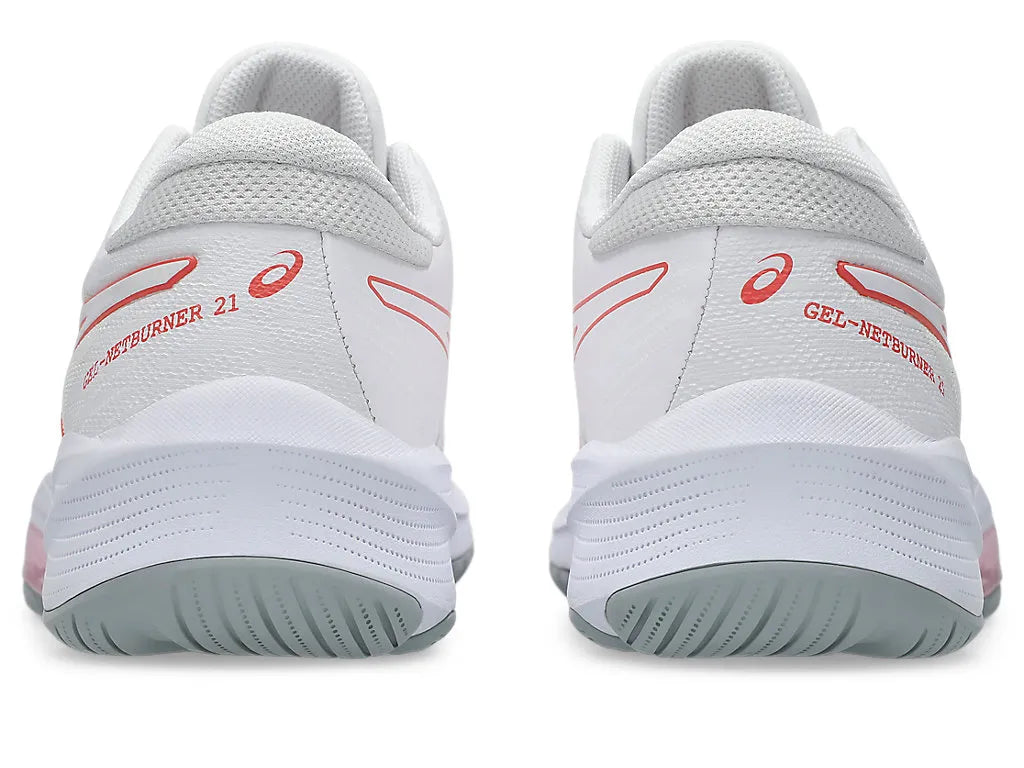 .ASICS WOMEN GEL-NETBURNER 21 (D WIDE) BIO NETBALL SHOES - WHITE/PAPAYA - (1072A113-100) - G21 - R2L12