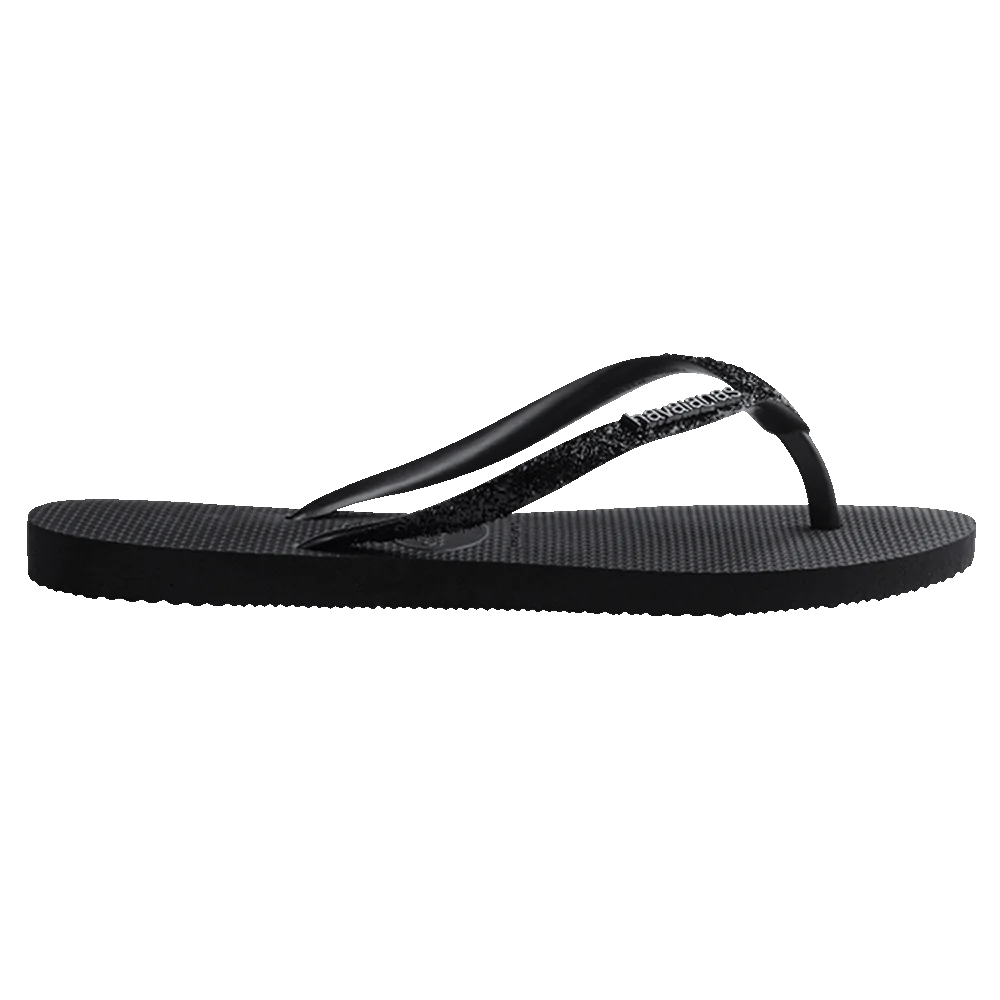 .Havaianas Womens Slim Glitter Logo Metallic Flip Flops Black - F - HVBG