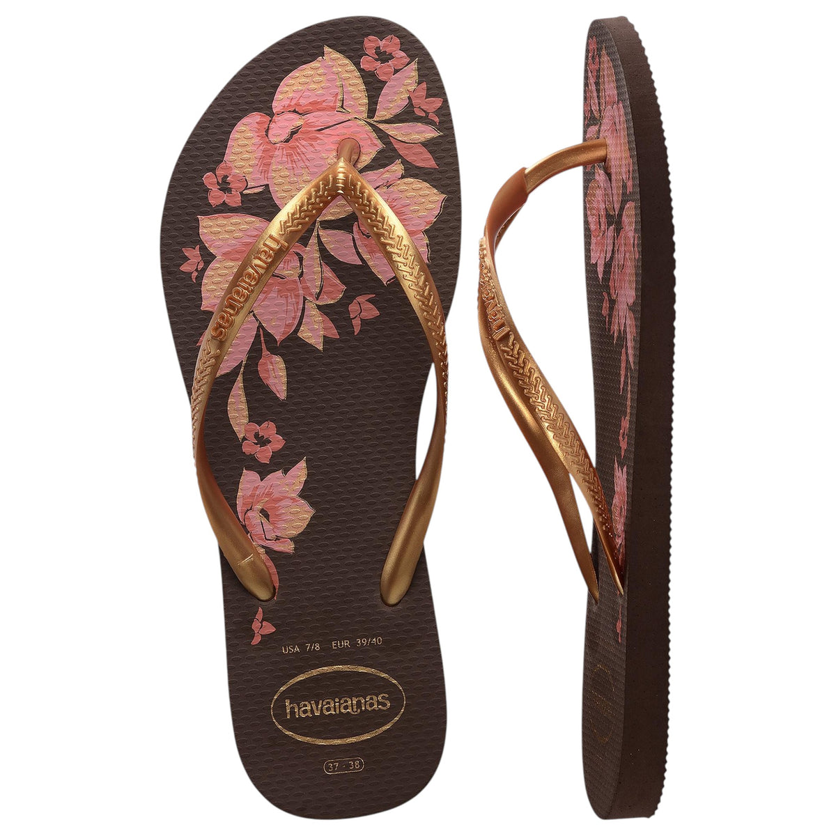 .HAVAIANAS Womens Organic SLIM - Dark Brown/Pink Flowers - (0727) - HVBF - F