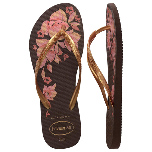 .HAVAIANAS Womens Organic SLIM - Dark Brown/Pink Flowers - (0727) - HVBF - F