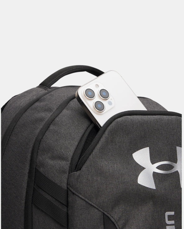 .Under Armour Hustle 6.0 Backpack - Black Heather/Metalic Silver - (1384672-006) - C13