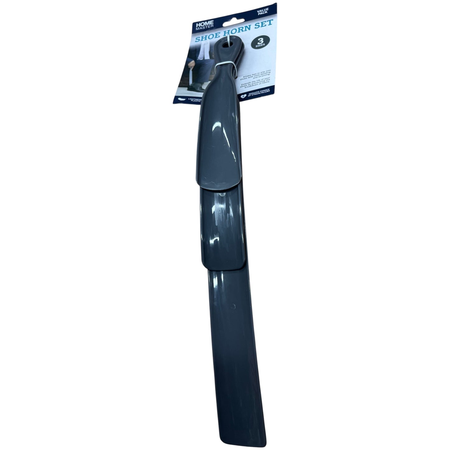 .3 Pack Grey Plastic Shoe Horn Set with hanging handle (3 Sizes)