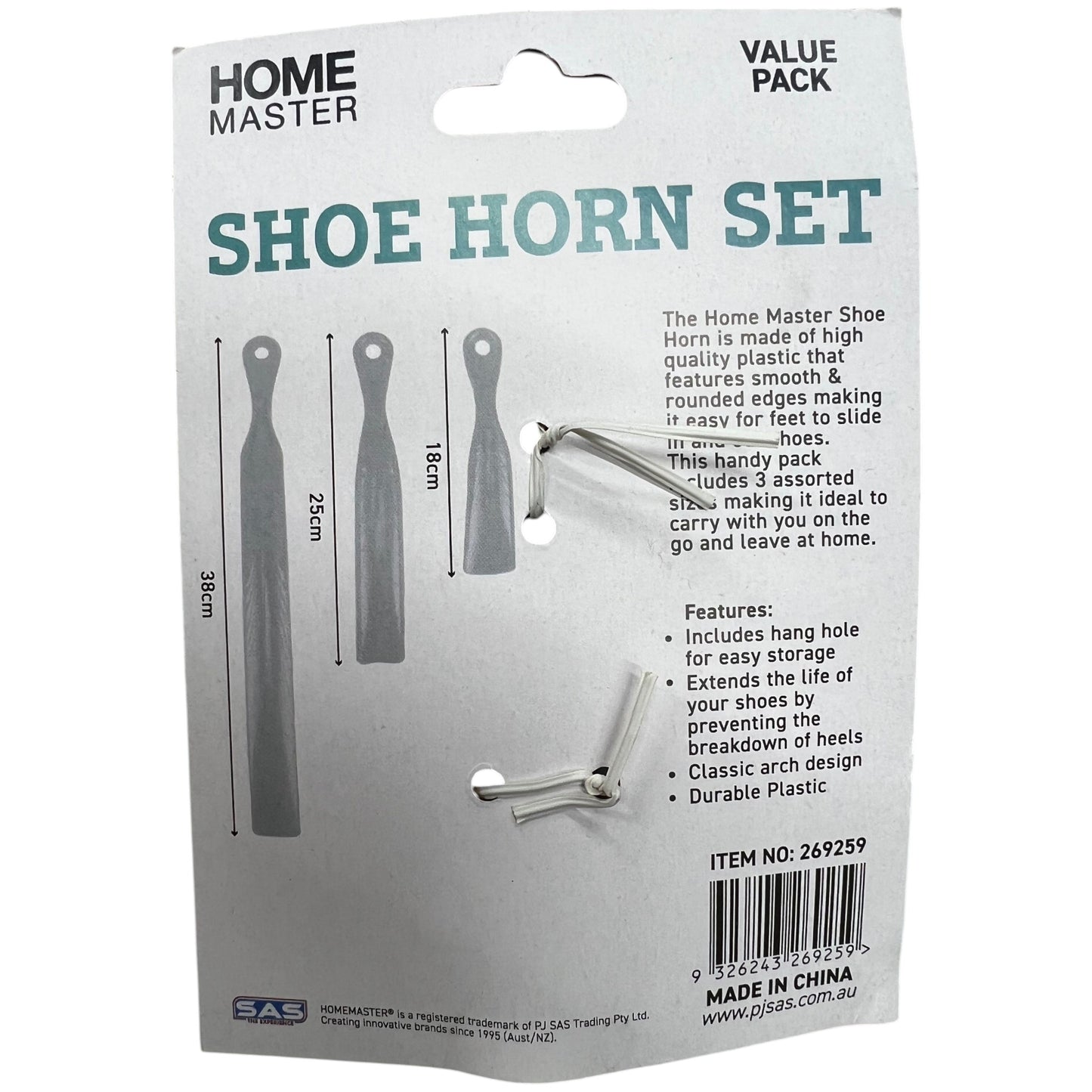 .3 Pack Grey Plastic Shoe Horn Set with hanging handle (3 Sizes)