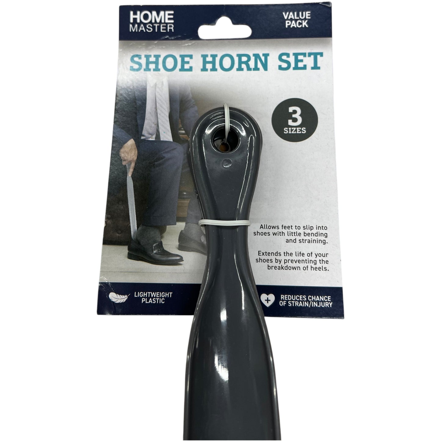 .3 Pack Grey Plastic Shoe Horn Set with hanging handle (3 Sizes)