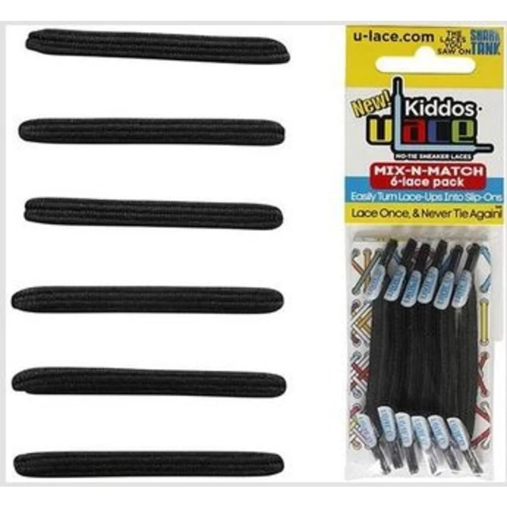 .U-Lace (KIDS SIZE) BLACK NO TIE Laces (2X 6 LACE PACKS)