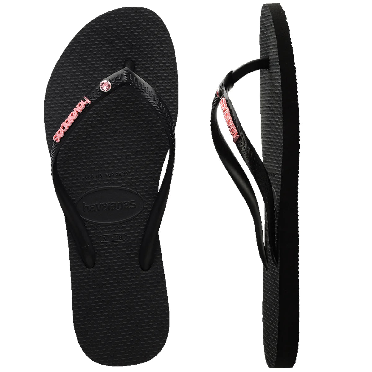 .HAVAIANAS Womens SLIM METAL LOGO CRYSTAL JANDAL BLACK/PINK - (SLIM METAL LOGO CRYSTAL) - HVPC - F